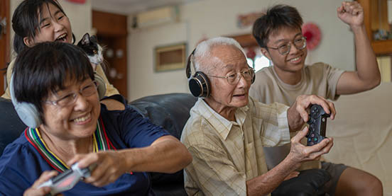 family playing video game